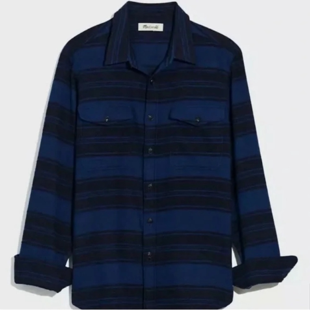 Madewell Men’s Brushed Twill Button Down Flannel In Blue & Black Striped -medium